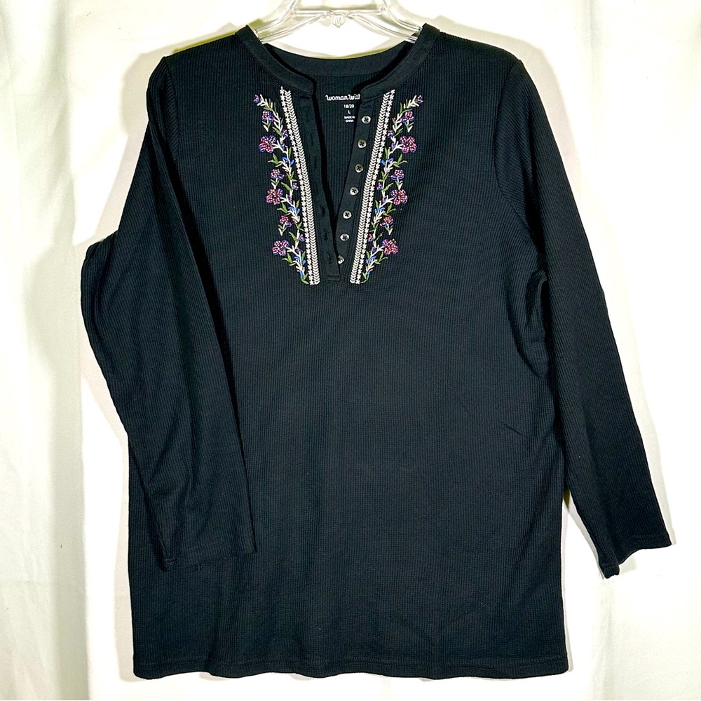 Woman Within Black Thermal Embroidered Beaded Winter Top Women's‎ Large 16/18